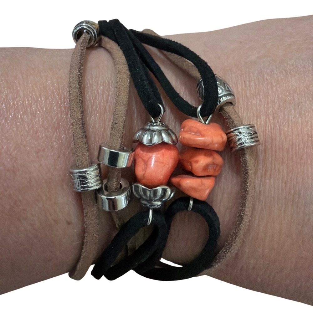 Boho Multi Strand‎ Suede Cord Bracelet Orange Stone Silver Beads Boho Hippie